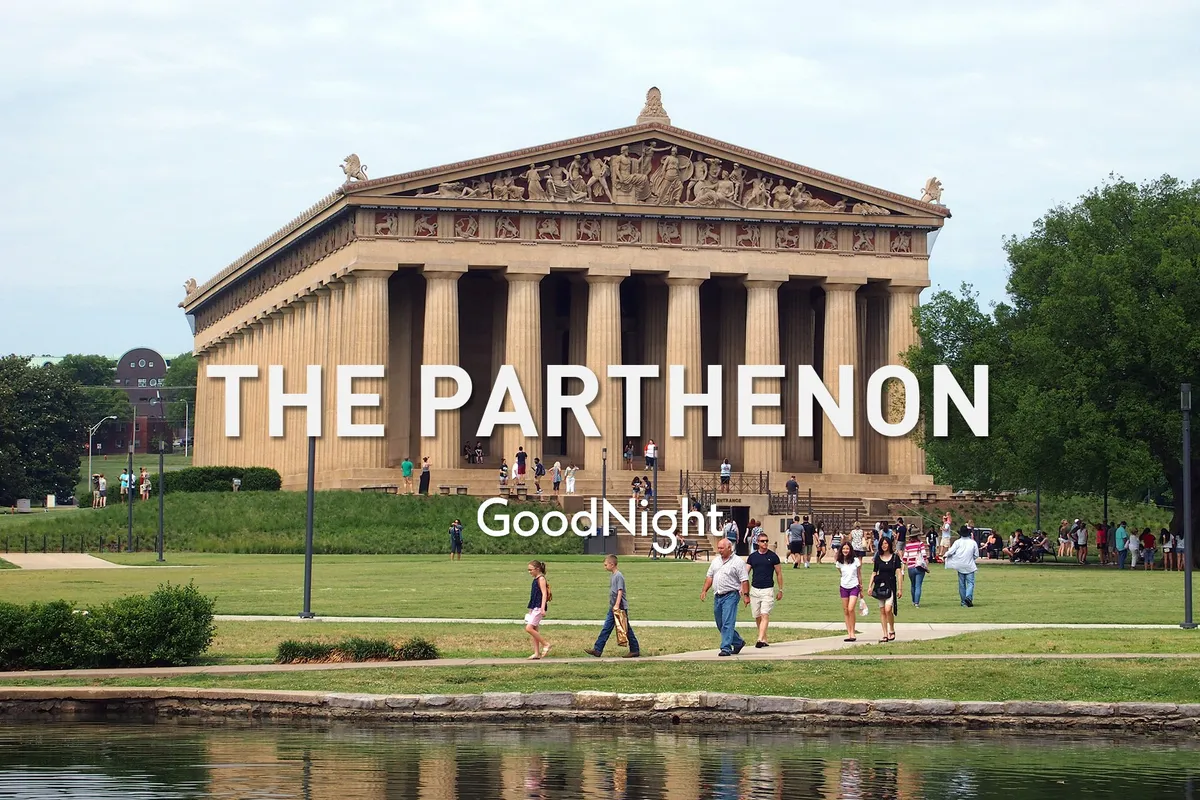 This image showcases The Parthenon in Centennial Park, with people walking around the park and reflections in the water, capturing a lively scene that hints at family outings, sightseeing, and outdoor fun.