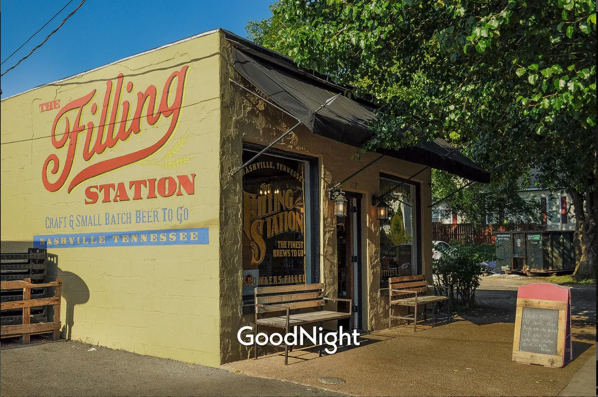 This exterior image displays a vibrant street scene with large windows, wooden benches, and colorful wall signage outside a lively local establishment. The mood is friendly and relaxed, capturing the spirit of Midtown’s walkable, pet-friendly environment.