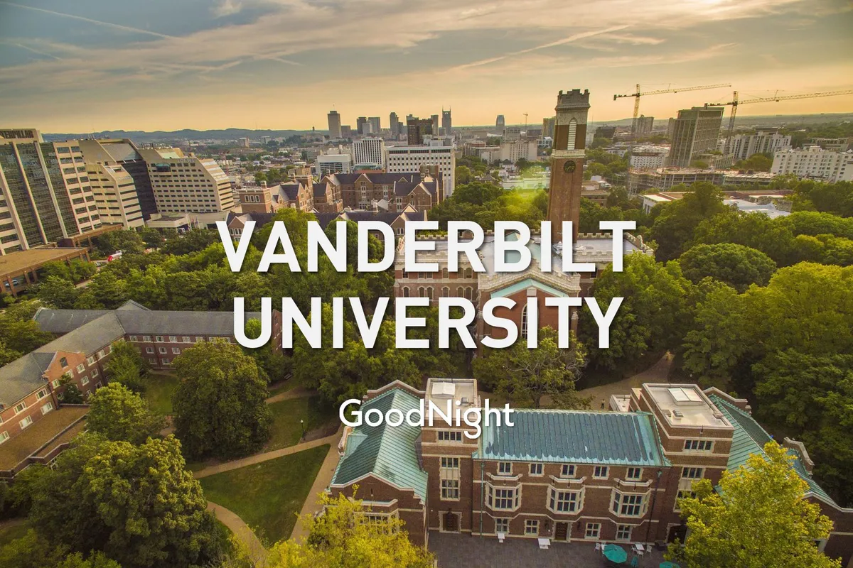 A wide view featuring the iconic Vanderbilt University clock tower surrounded by lush green trees, with the modern Nashville city skyline visible in the background. The serene campus setting is highlighted by soft, natural light, evoking a sense of academic focus and proximity to urban amenities.